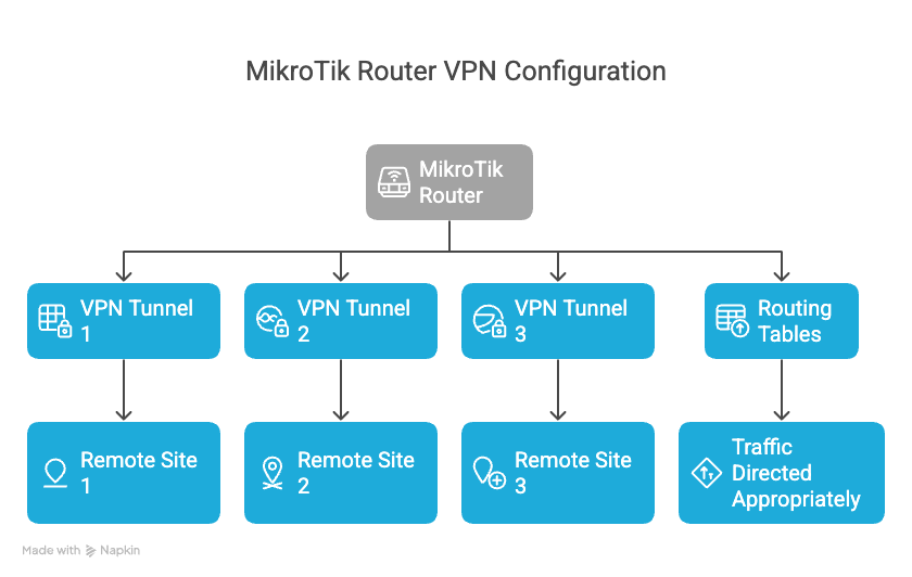 Diagram showing the flow of traffic through a MikroTik router with policy-based routing, illustrating how different traffic types follow different paths based on routing marks
