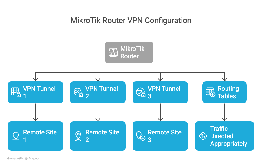 Diagram showing the flow of traffic through a MikroTik router with policy-based routing, illustrating how different traffic types follow different paths based on routing marks